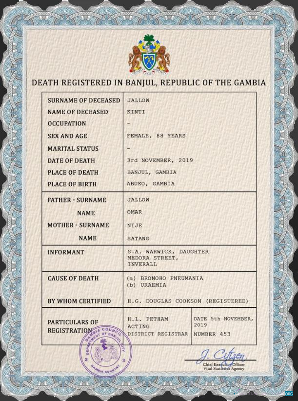 Download Gambia death certificate PSD template Photoshop template